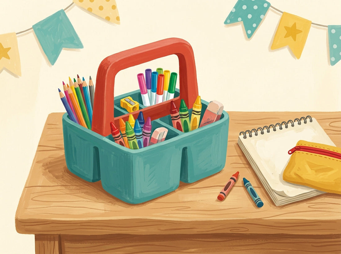 Illustration of a portable art caddy full of colored pencils, markers, and crayons next to a drawing pad
