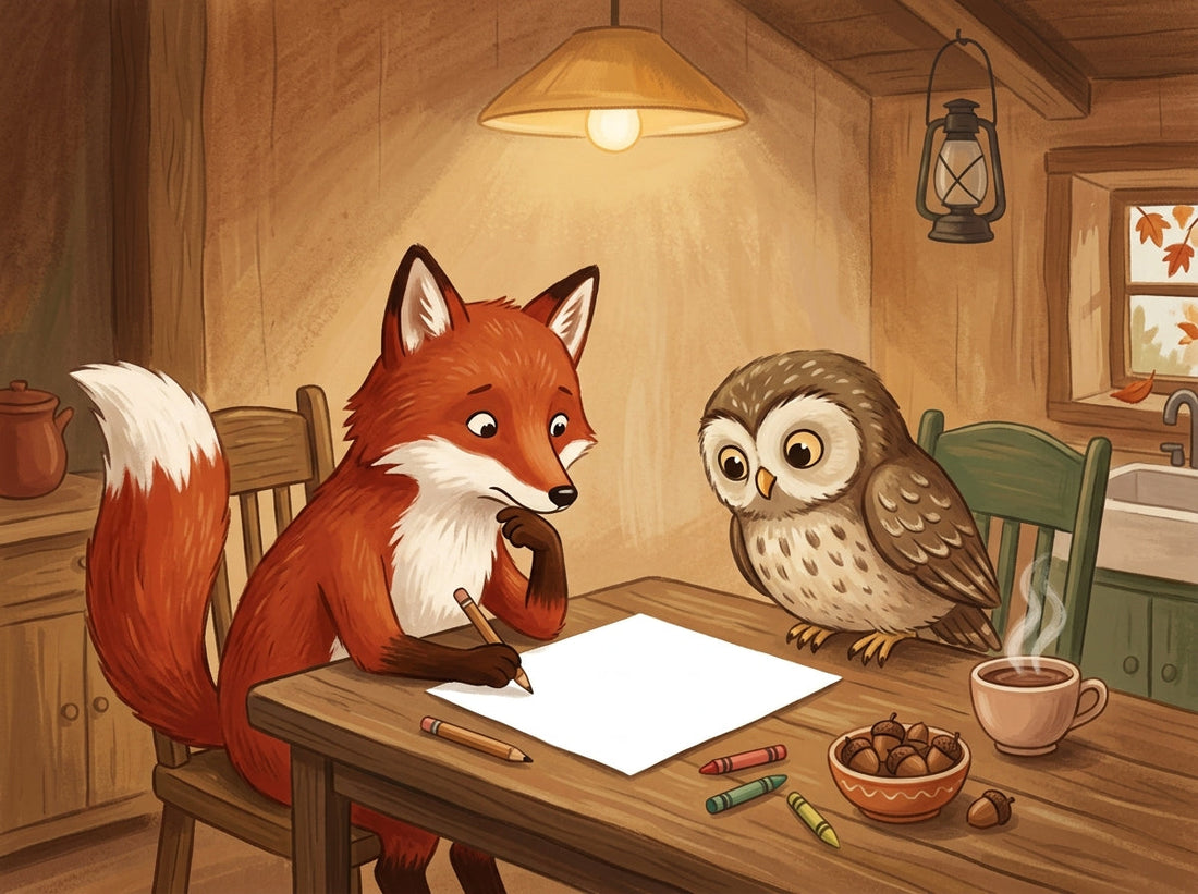 Illustration of a fox and an owl at a kitchen table thinking over a blank sheet of paper with crayons and a bowl of acorns