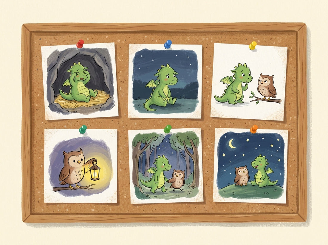Illustration of a storyboard with six scenes of a little dragon and an owl pinned to a cork board
