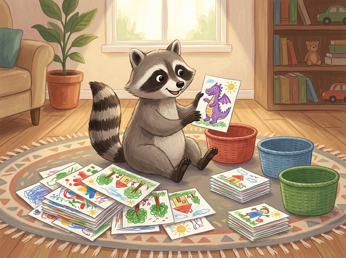 Illustration of a raccoon sorting a pile of children's drawings into piles beside red, blue, and green baskets