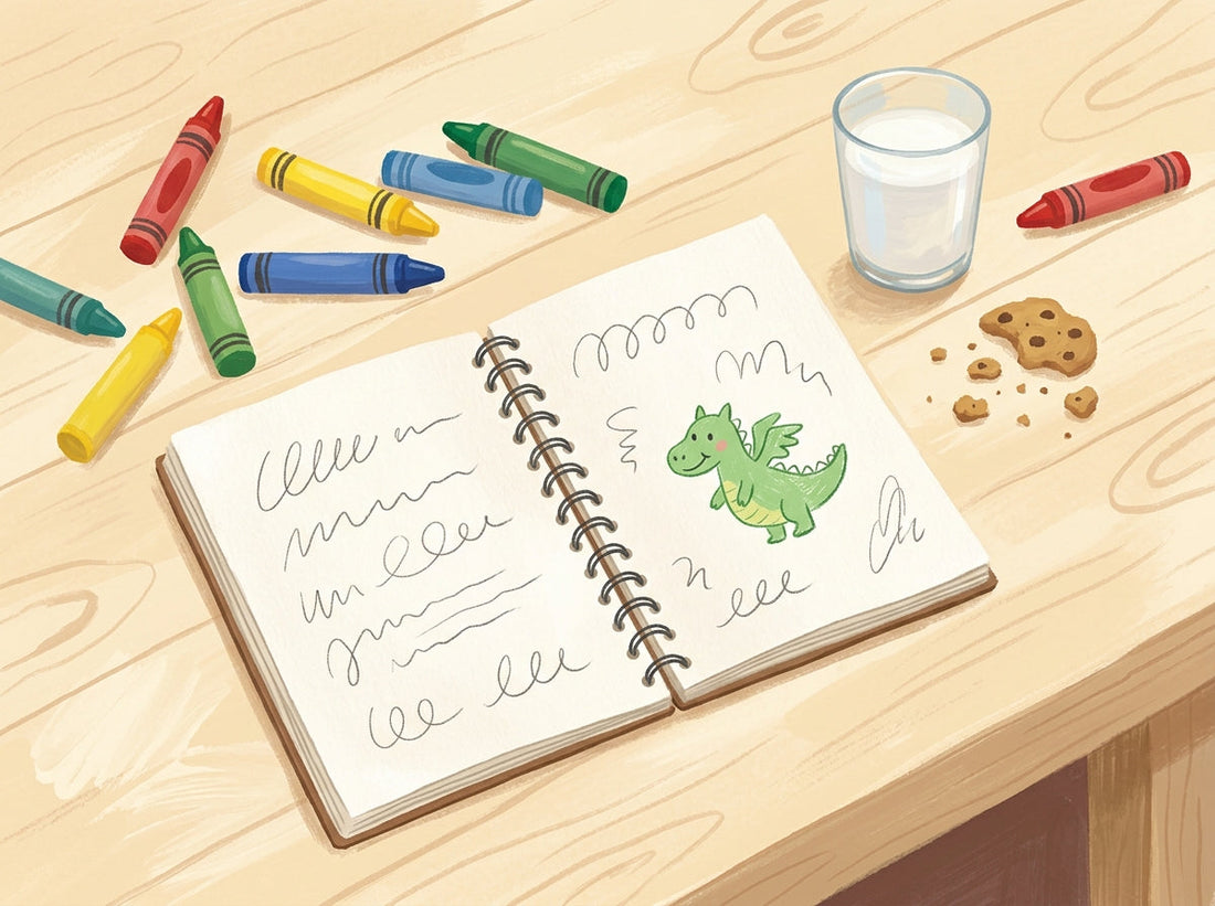 Illustration of an open notebook with a child's dragon doodle and crayons on a kitchen table