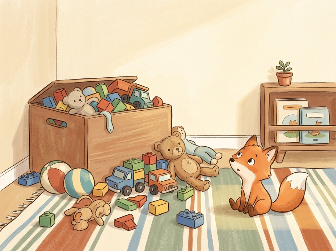 Illustration of a little fox looking up at an overflowing toy bin in a playroom