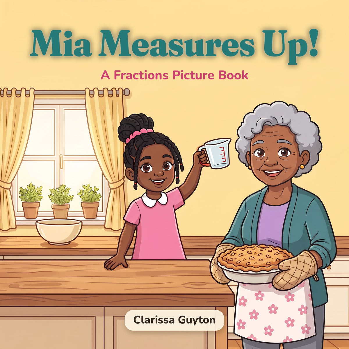 Mia Measures Up fractions picture book cover with Mia holding a half cup measuring cup and Grandma holding an apple crumble pie