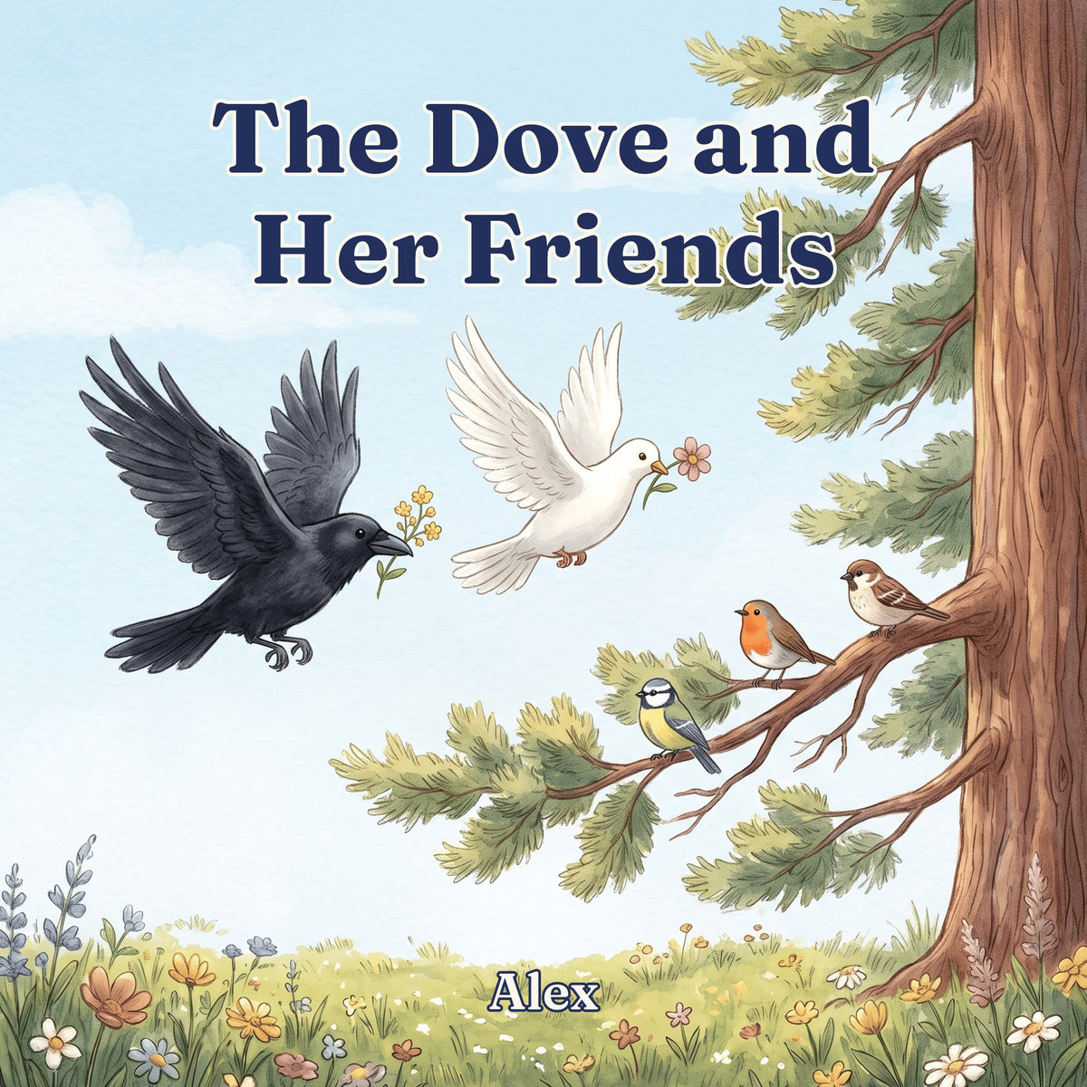 Front cover of The Dove and Her Friends by Alex: a white dove with a golden beak and a black raven fly past a tall pine tree under a blue sky