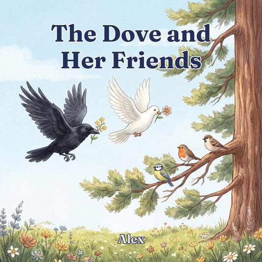 Front cover of The Dove and Her Friends by Alex: a white dove with a golden beak and a black raven fly past a tall pine tree under a blue sky