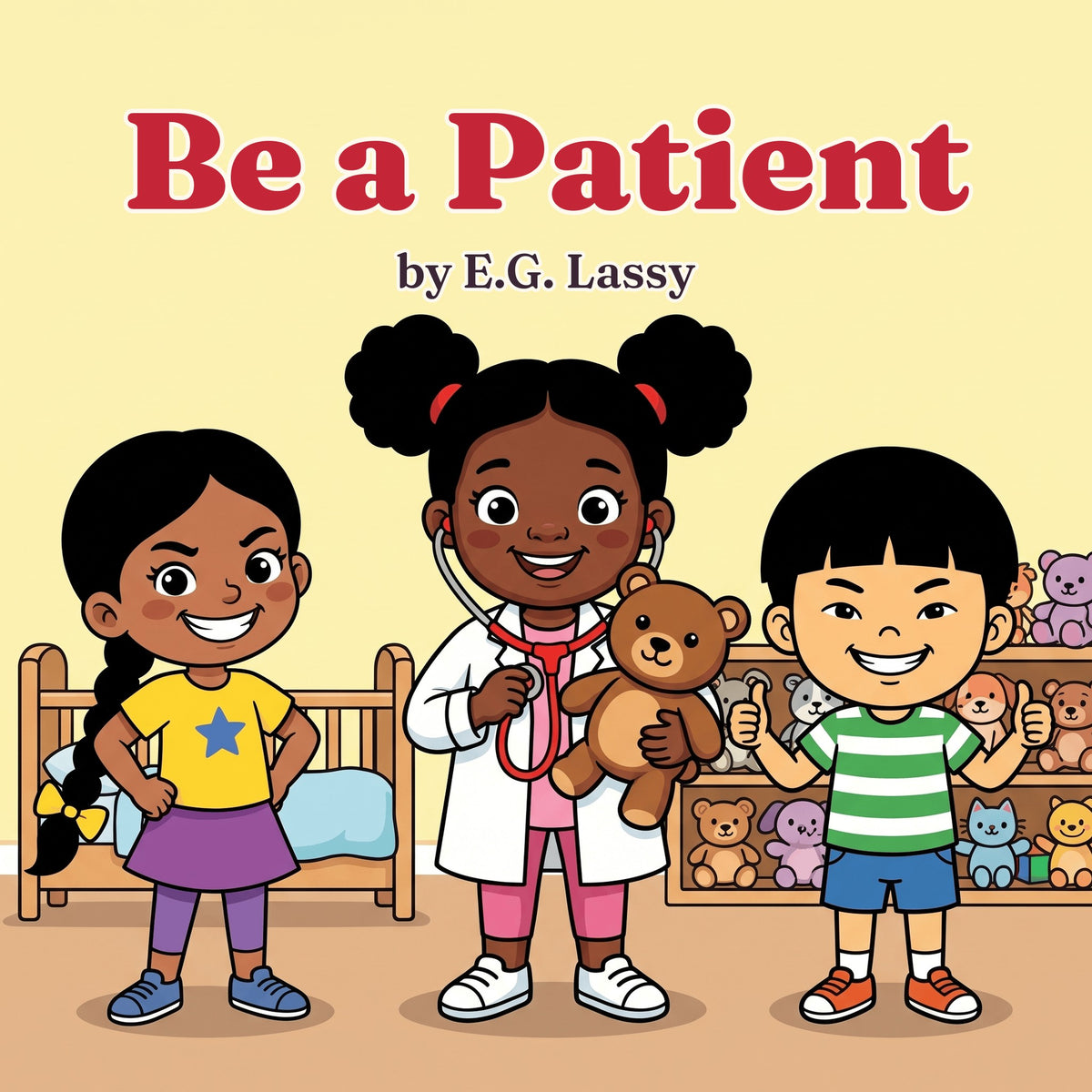 Front cover of Be a Patient by E.G. Lassy: Dr. Strawberry in a white doctor's coat hugs a teddy bear between her smiling friends Emily and Frankfurt in a bright daycare playroom
