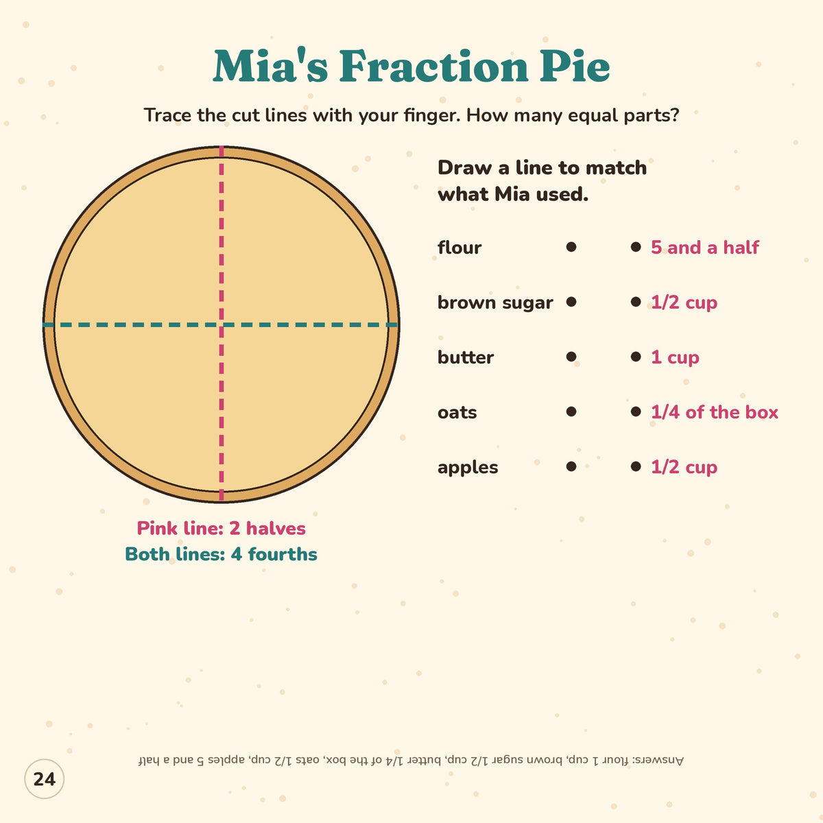 Mia's Fraction Pie activity page with halves and fourths and a match up of what Mia used