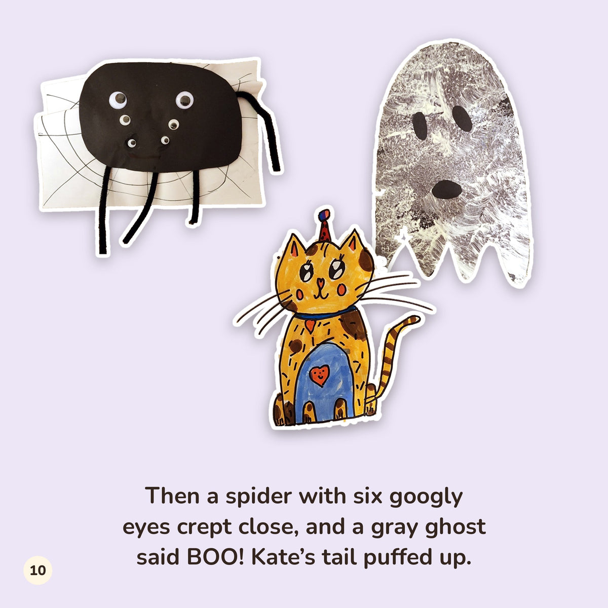 Sample page: a paper spider and painted ghost from the child's crafts