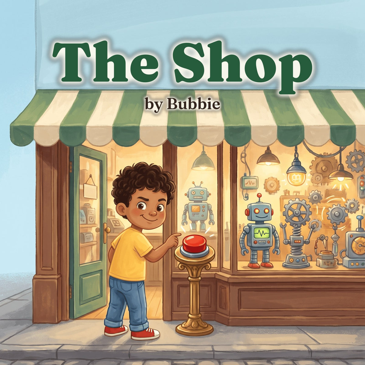 The Shop front cover, a picture book about George and a shiny red button in a gadget shop, by Bubbie