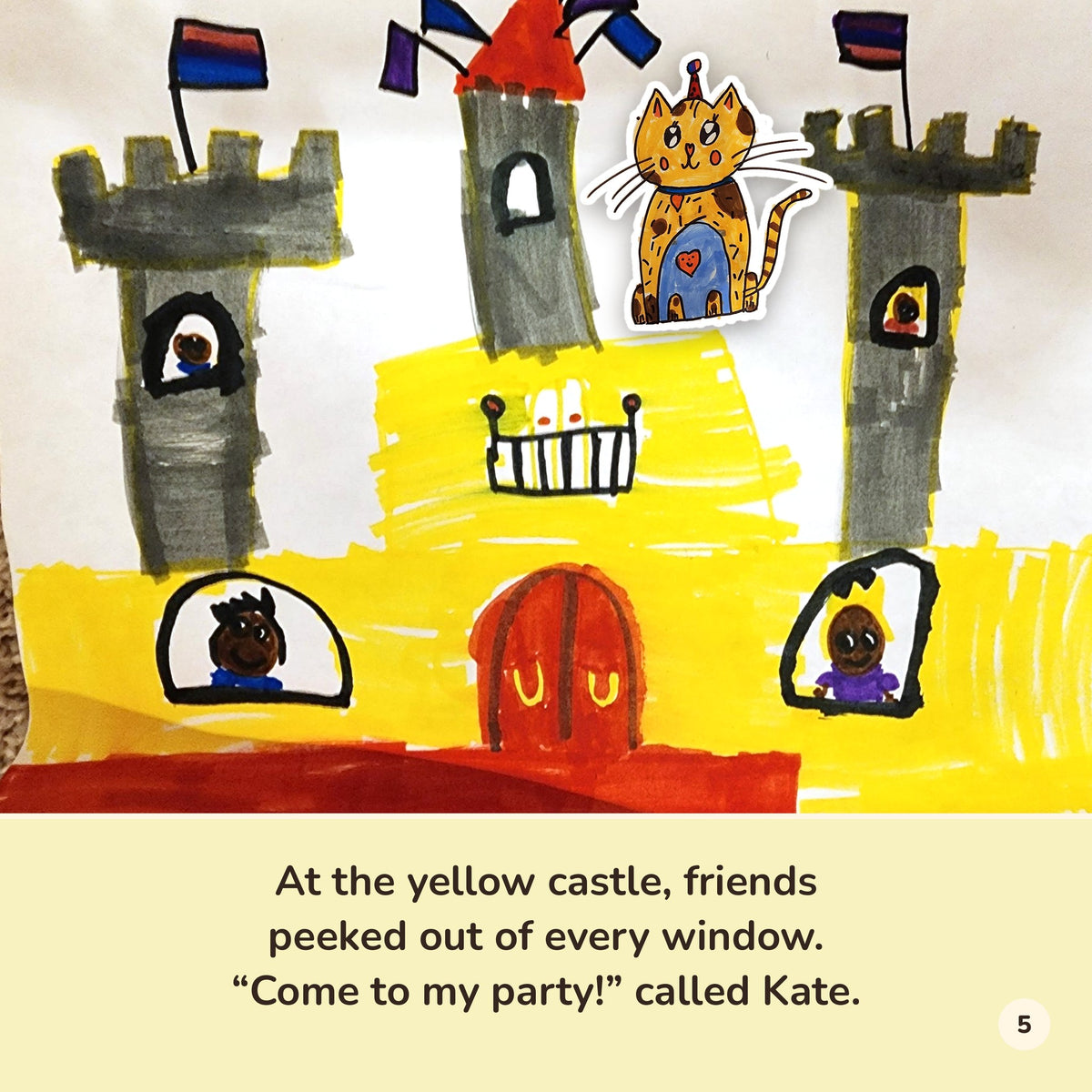 Sample page: the cat character visits a yellow castle drawn by the child