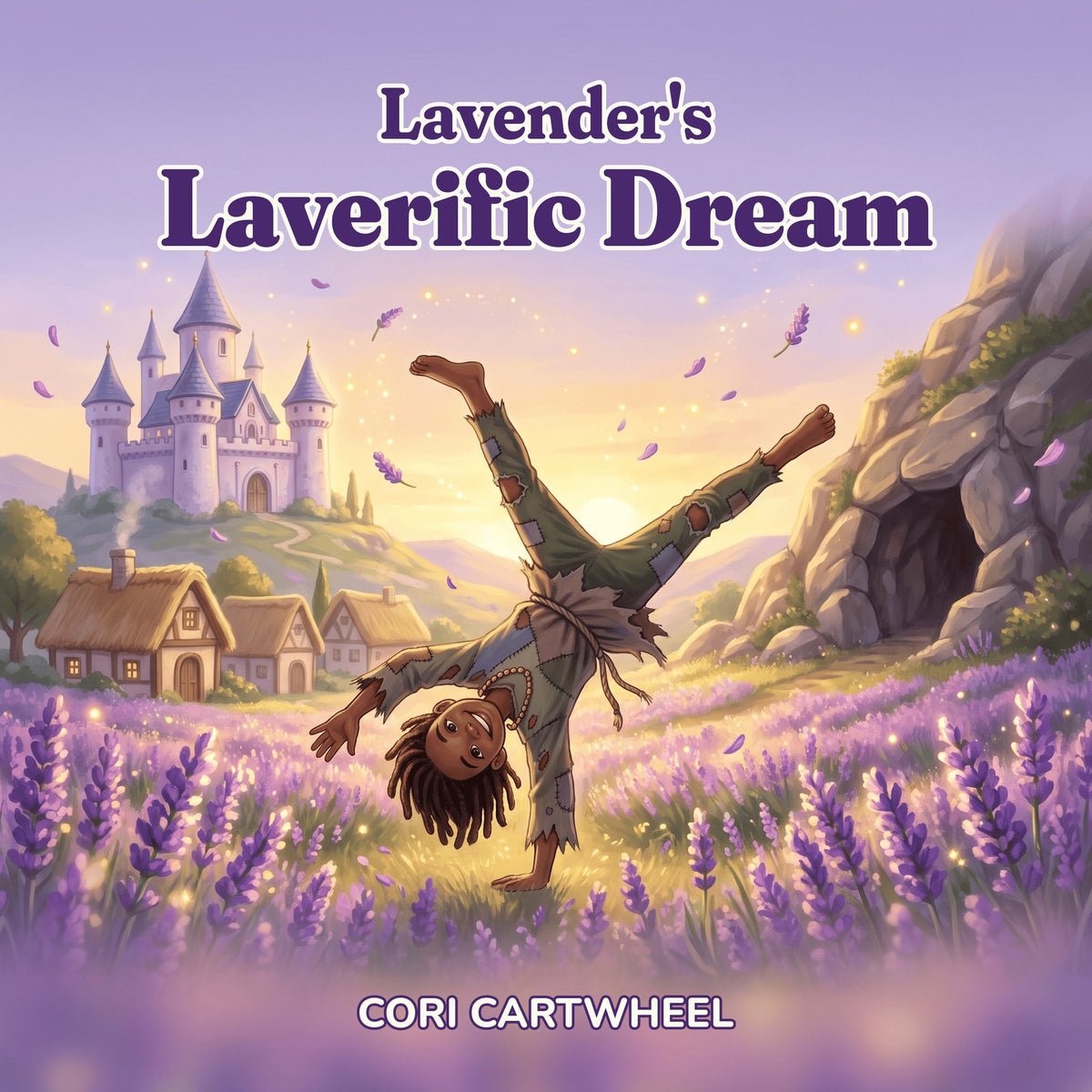 Lavender's Laverific Dream book cover: a girl in patched clothes doing a cartwheel through a lavender field, with a cave, a village and a castle behind her