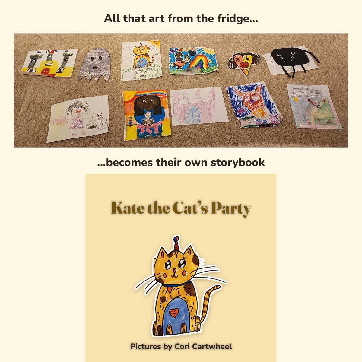 A child's drawings laid out on the floor, and the storybook made from them, Kate the Cat's Party