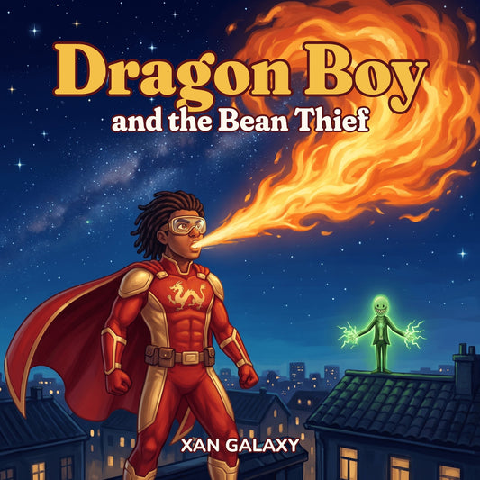Front cover of Dragon Boy and the Bean Thief by Xan Galaxy: a young superhero in a red and gold suit and clear goggles breathes fire on a rooftop under a starry sky while a green villain glows across town