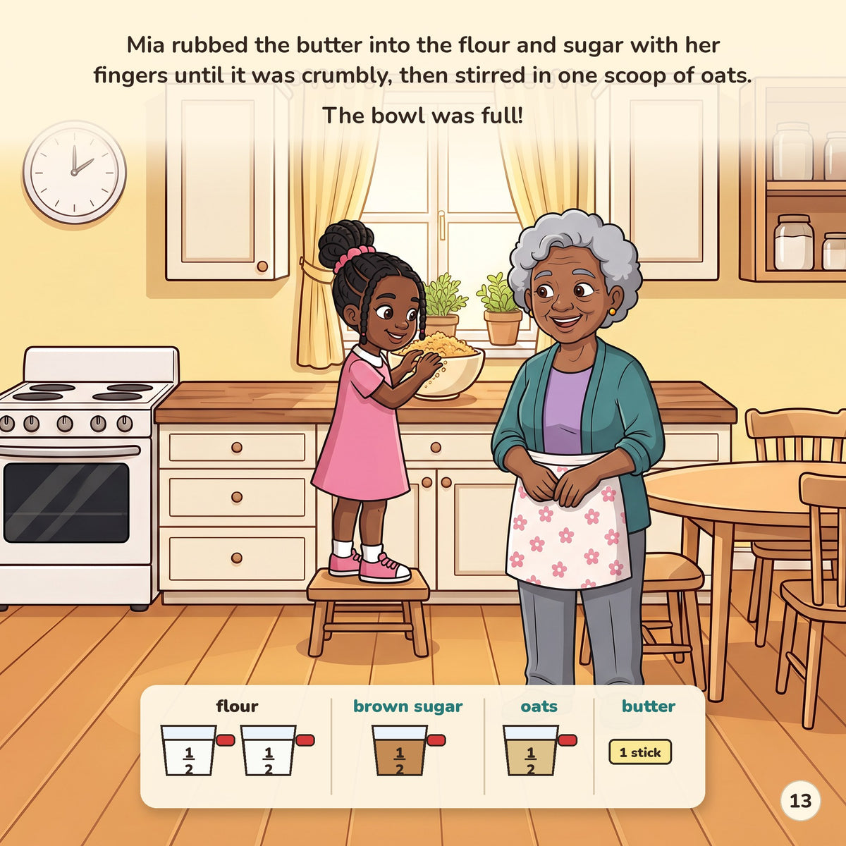Inside page with Mia mixing crumble and a card showing two flour scoops, one brown sugar scoop, one oat scoop and one stick of butter