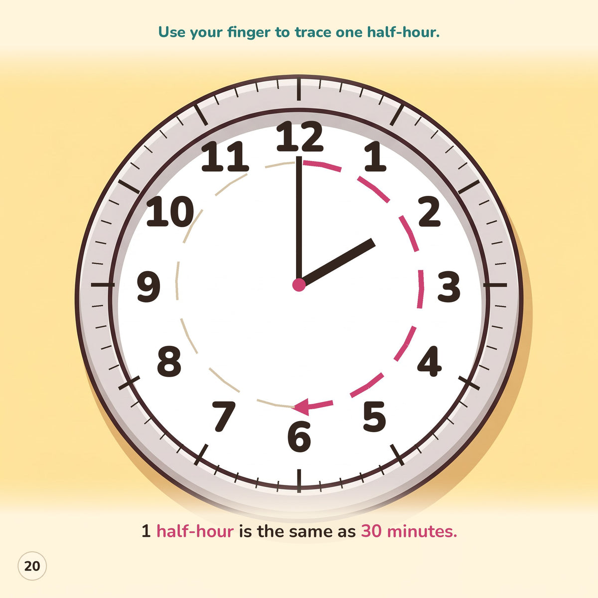 Telling time page where kids trace one half hour on a clock, 30 minutes