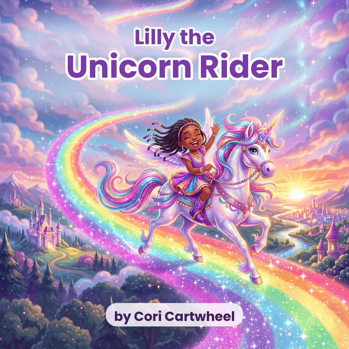 Lilly the Unicorn Rider book cover: a girl riding a winged unicorn along a rainbow