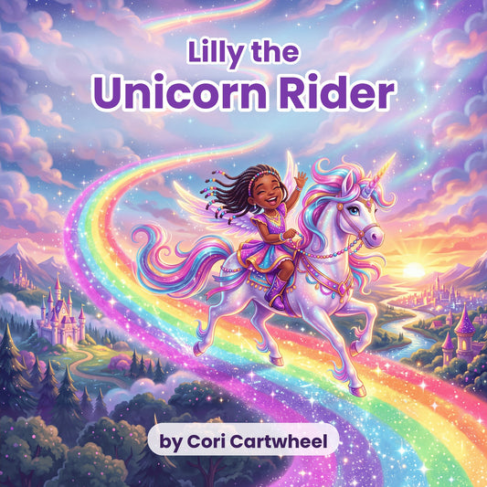 Lilly the Unicorn Rider book cover: a girl riding a winged unicorn along a rainbow