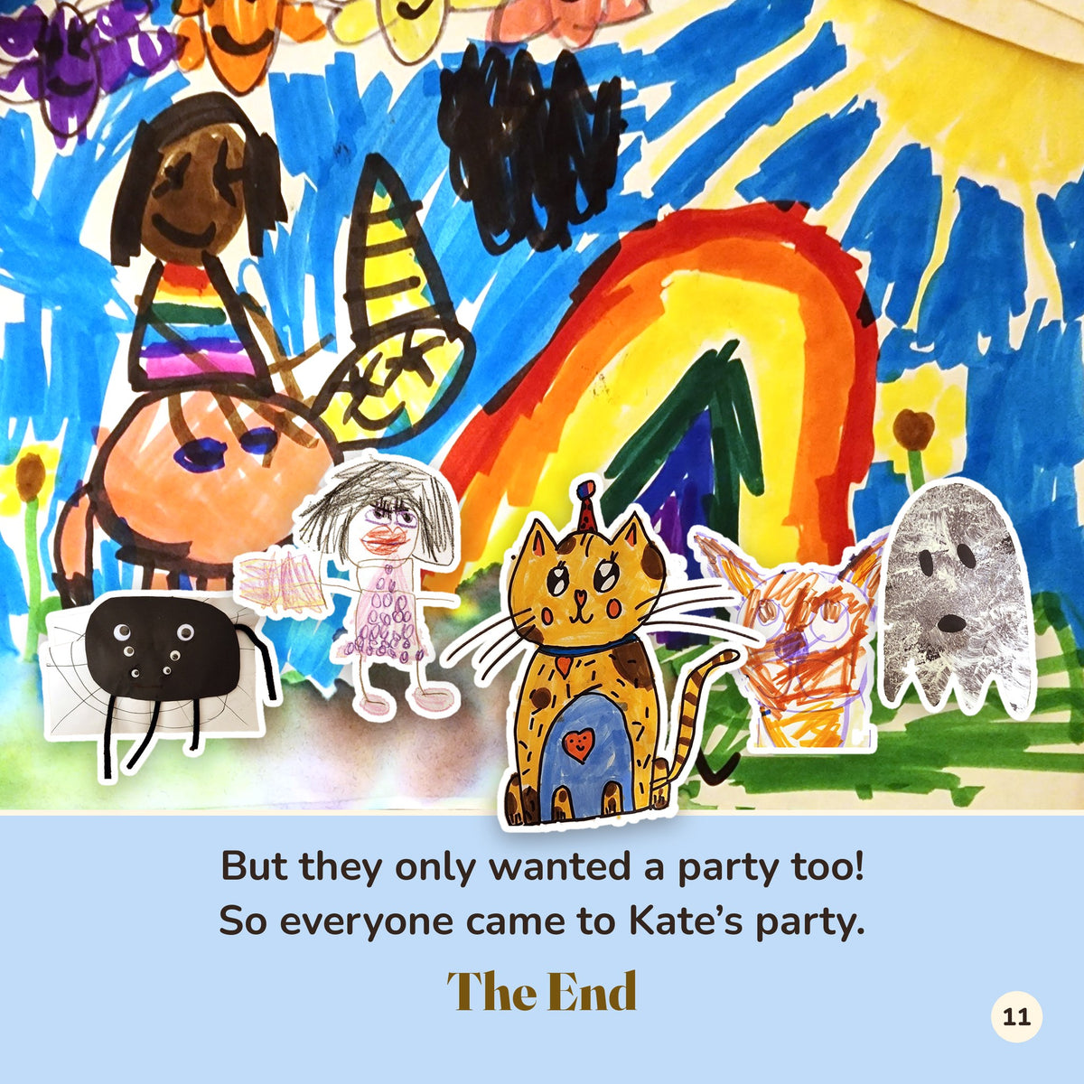 Sample page: all the characters together at the party, The End