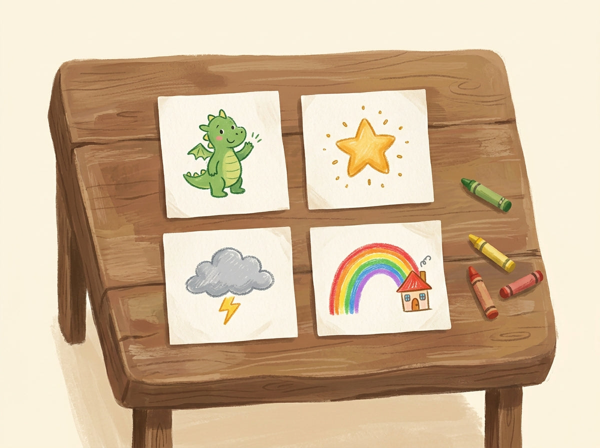 Four story cards for a would you rather story game: a dragon, a wish star, a storm cloud, and a rainbow over a house