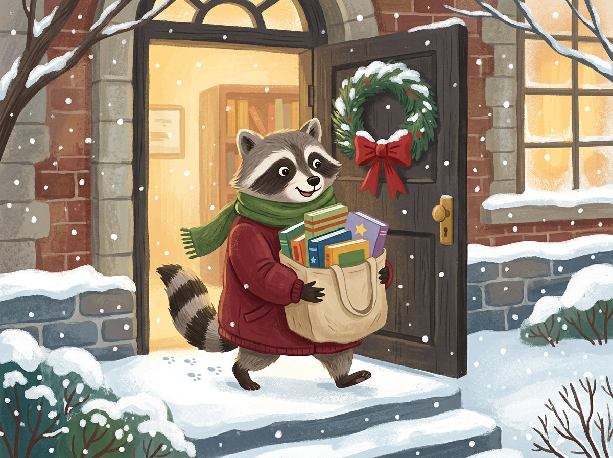 Illustration of a raccoon leaving a snowy library with a tote bag full of picture books
