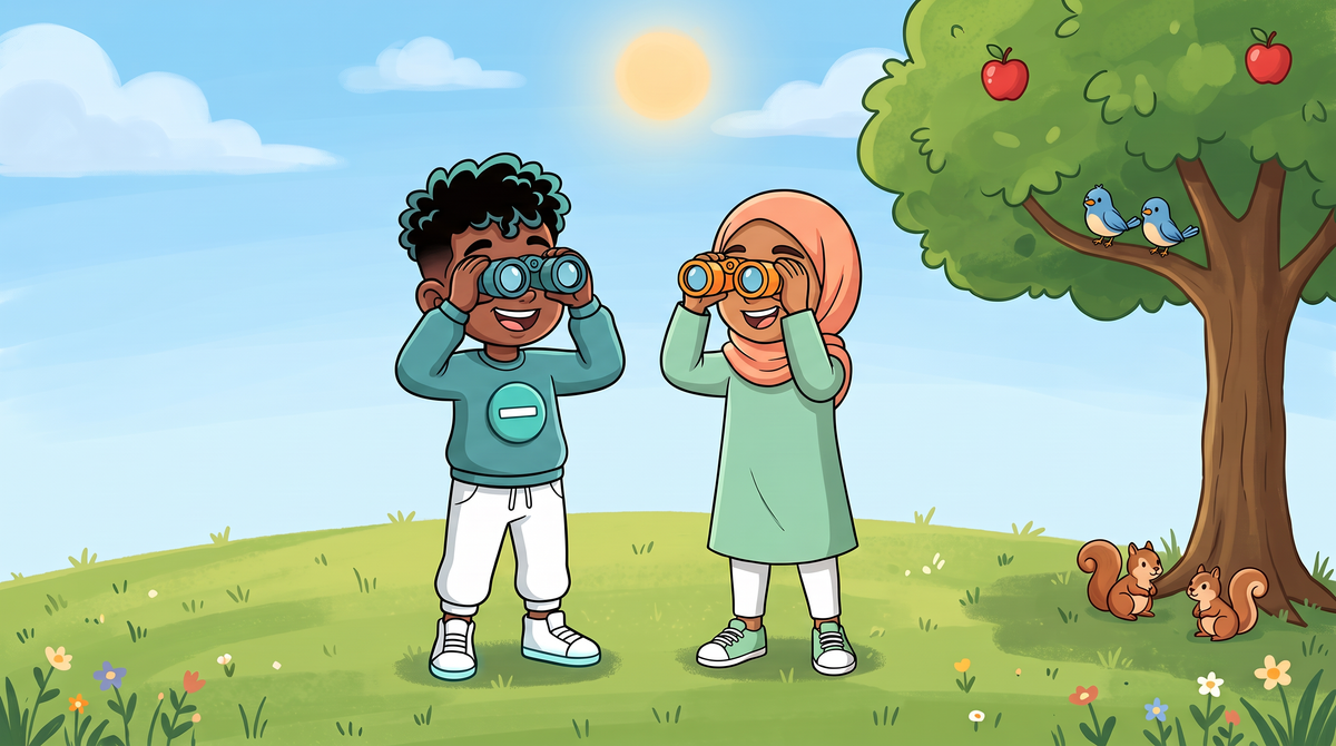 Two kids with binoculars spotting pairs of birds, apples and squirrels in the park