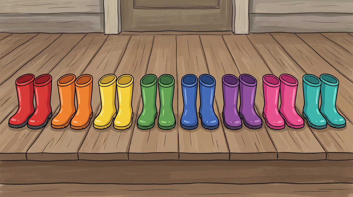 Eight pairs of rain boots: count them by 2s to get 16