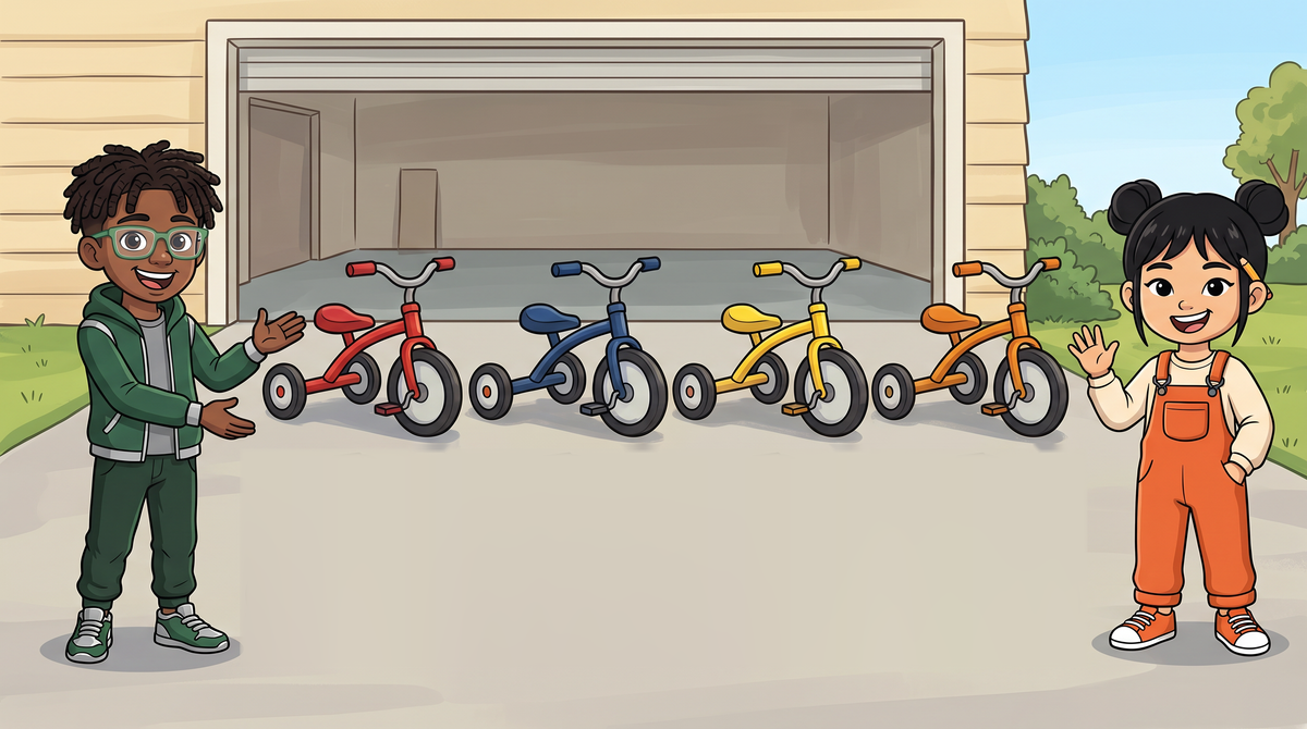 Four tricycles with three wheels each, 12 wheels in all