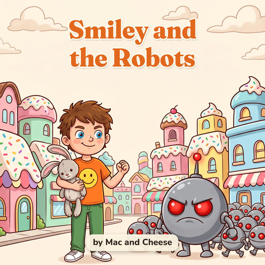 Smiley and the Robots front cover, a picture book about a boy with superpowers and his stuffed bunny facing tiny robots in Sprinkle Town, by Mac and Cheese