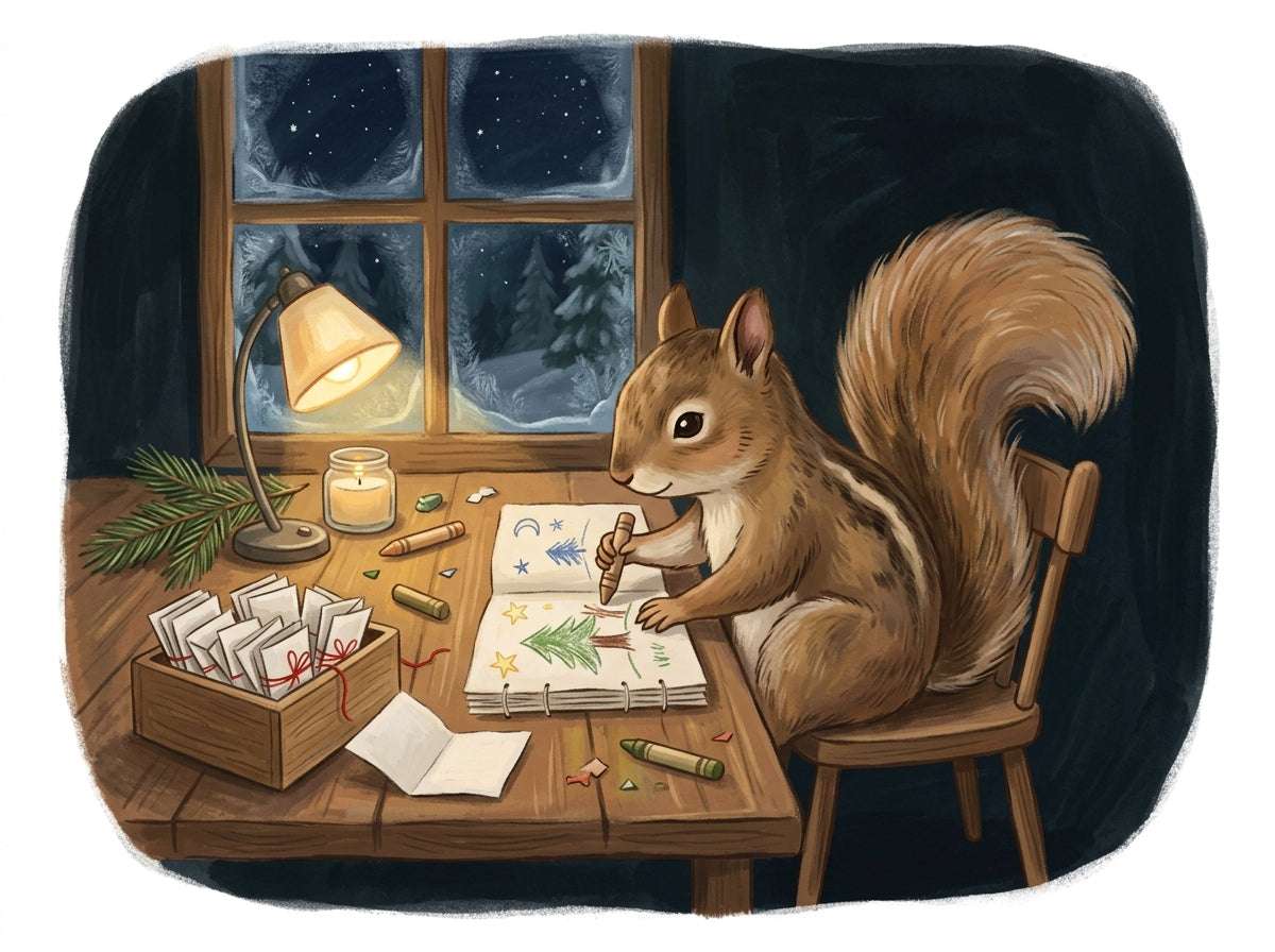 Illustration of a squirrel drawing in a homemade booklet beside a box of folded story prompt slips