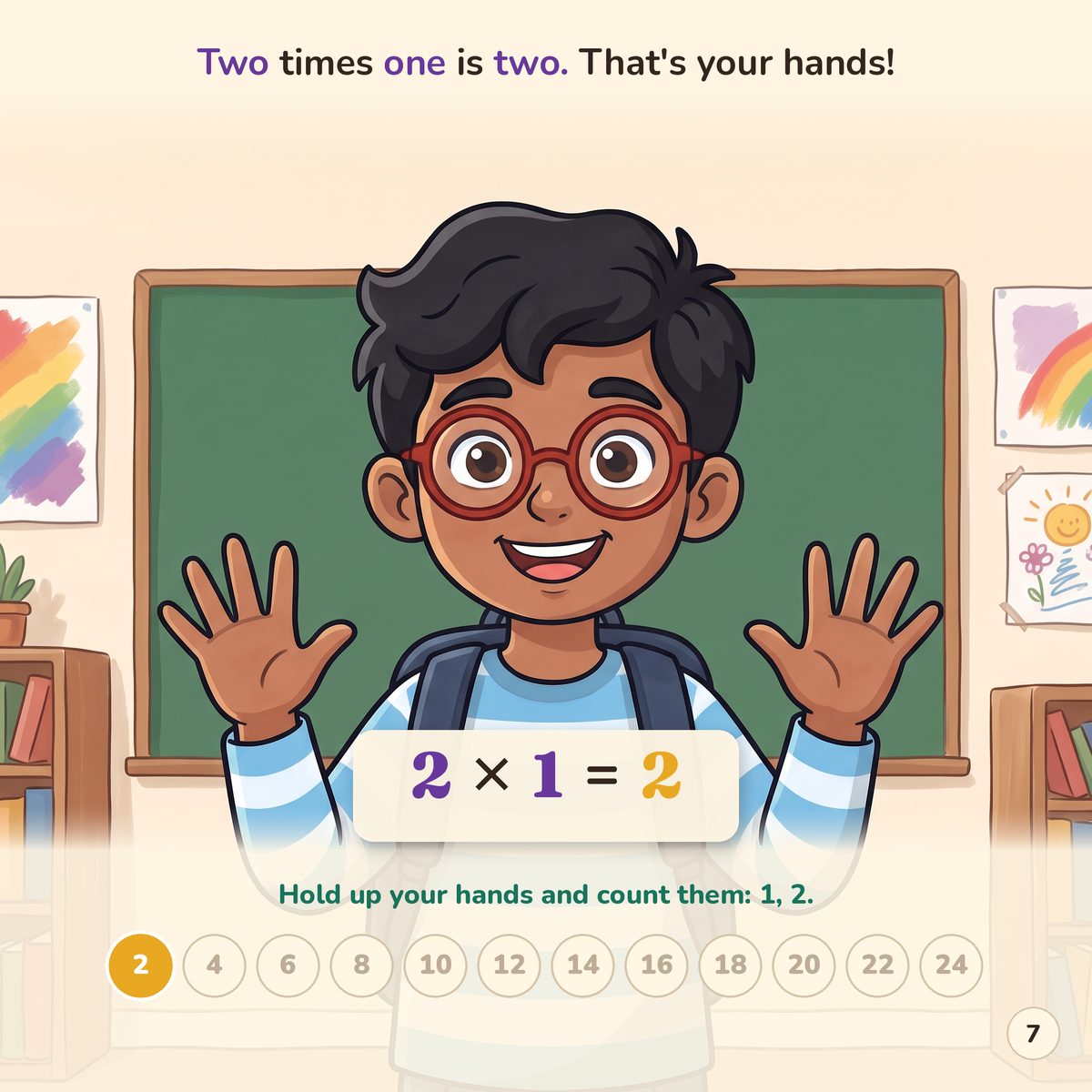 Two times one is two. That's your hands! 2 x 1 = 2