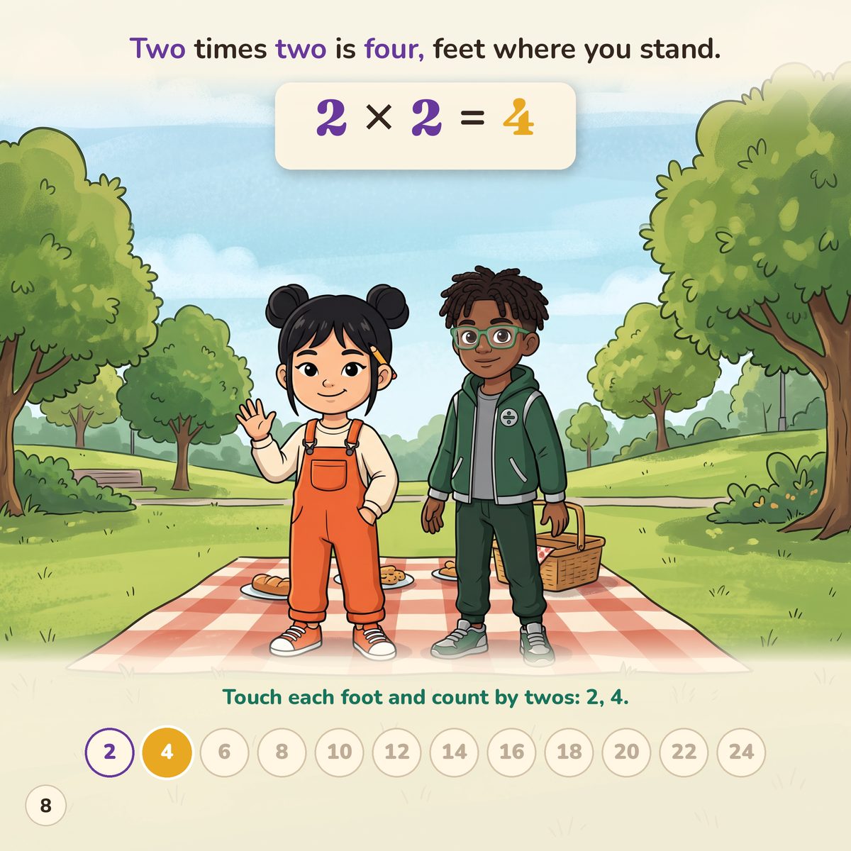 Two times two is four, feet where you stand. 2 x 2 = 4
