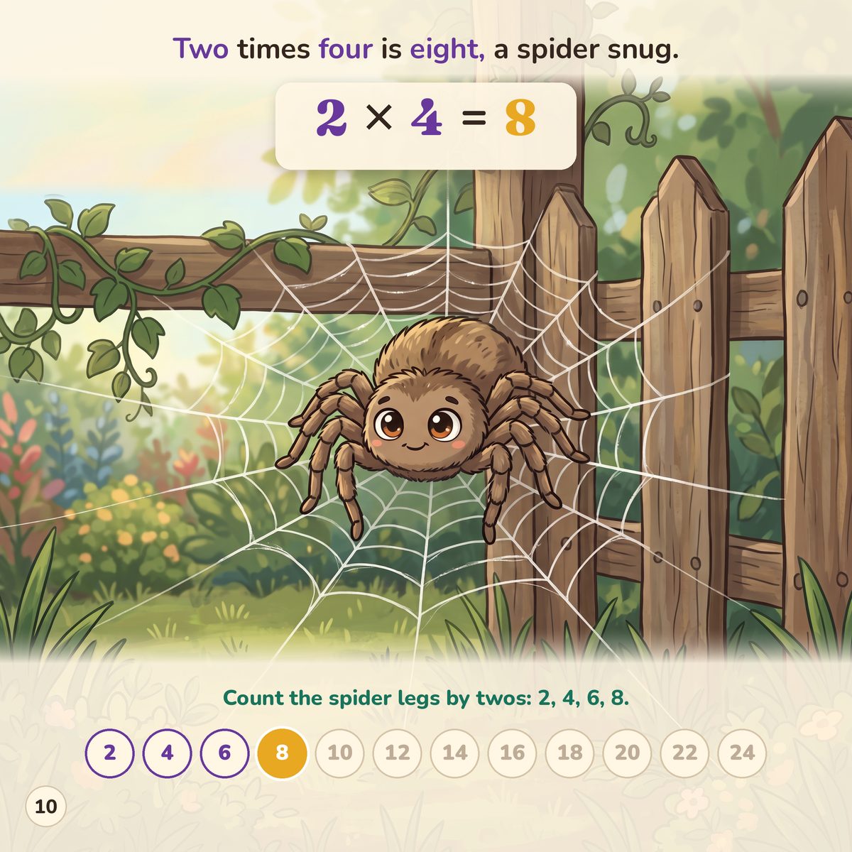 Two times four is eight, a spider snug. 2 x 4 = 8