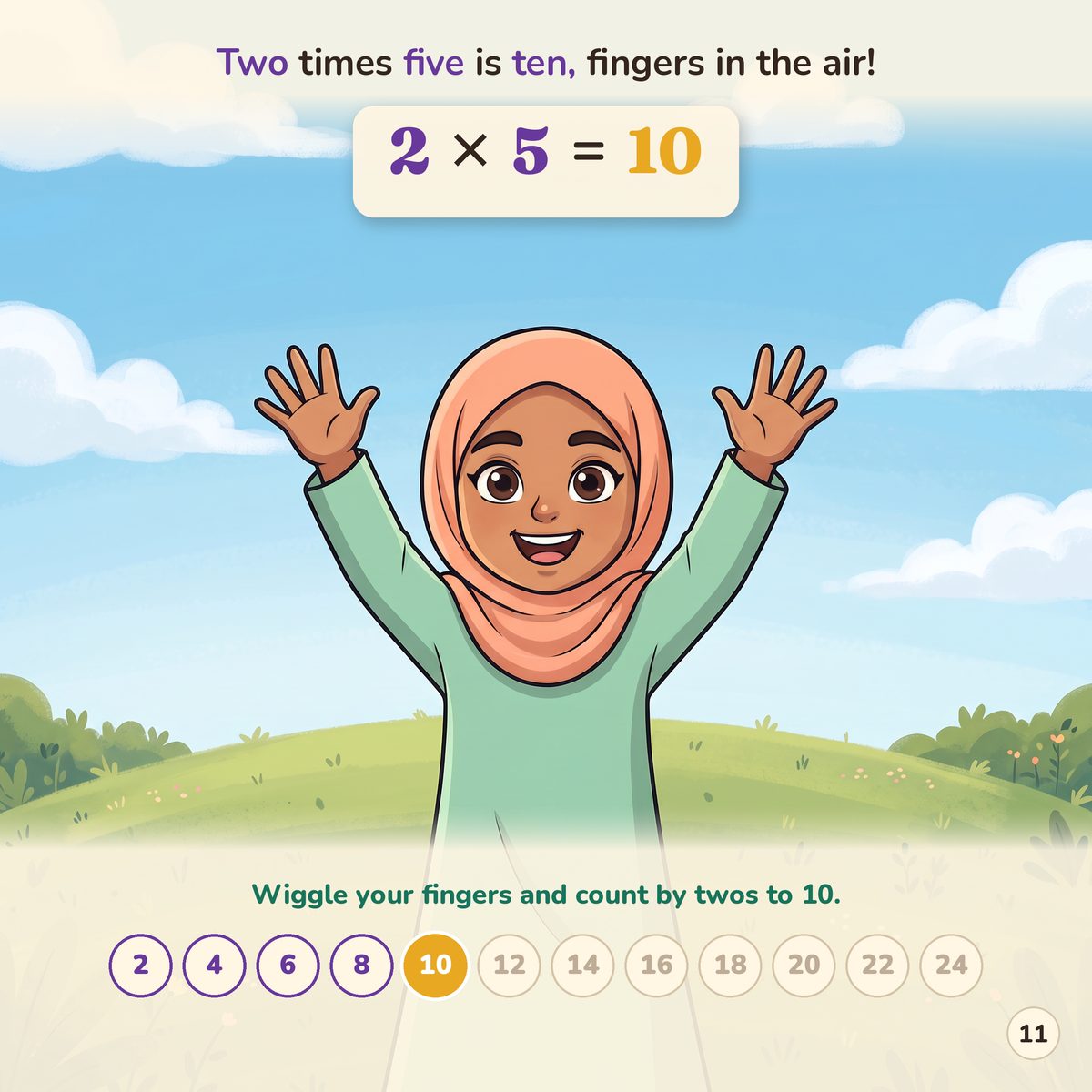 Two times five is ten, fingers in the air! 2 x 5 = 10