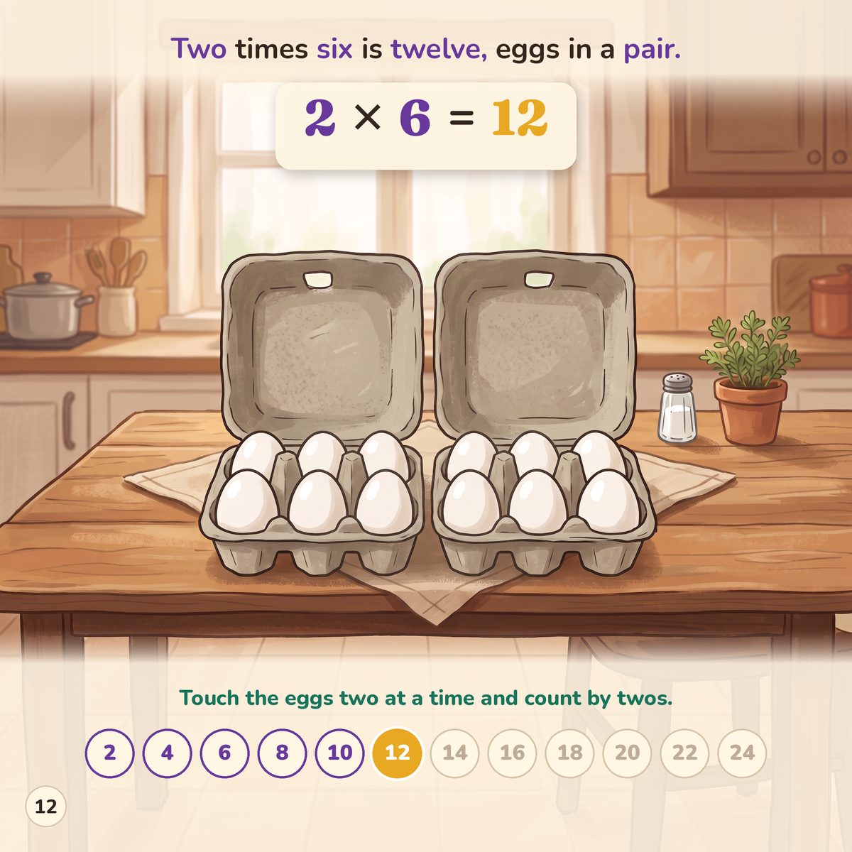 Two times six is twelve, eggs in a pair. 2 x 6 = 12